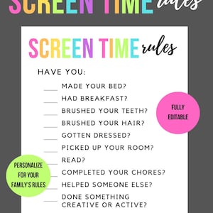 Printable Editable Screen Time Rules for Kids | Screentime Rules | Screen Time Rules Editable | Screen Time Checklist | Instant Download