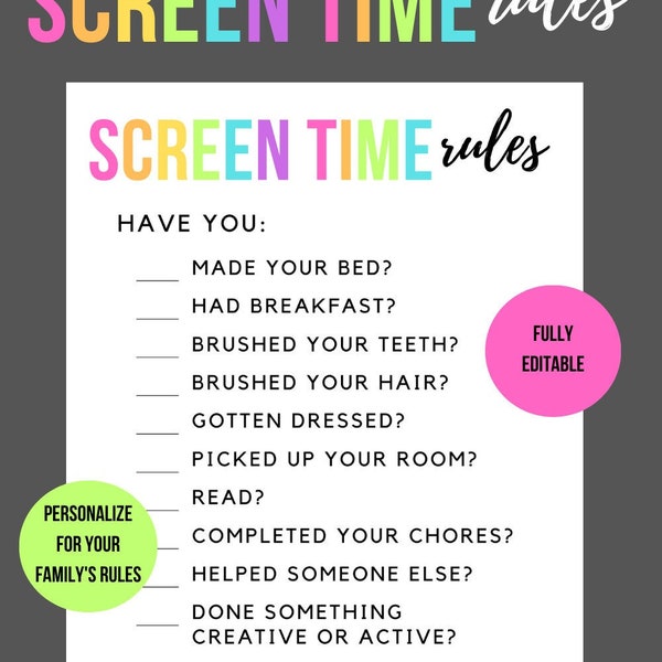 Printable Editable Screen Time Rules for Kids | Screentime Rules | Screen Time Rules Editable | Screen Time Checklist | Instant Download