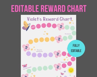 Tabla de recompensas con forma de mariposa para niñas / Imprimible y editable (Descarga digital)