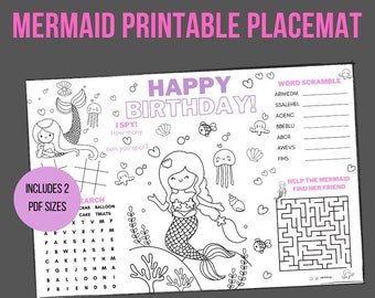 Mermaid Birthday Coloring Sheet or Placemat | Printable Under the Sea Birthday Coloring Page | Tablemat | Little Mermaid | Party Games