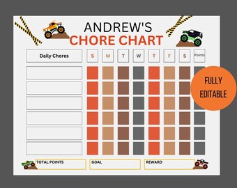 Tabla de tareas para niños con temática de Monster Truck, imprimible y editable (descarga digital)