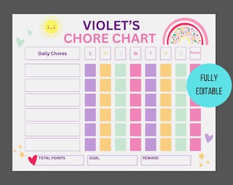 Tabla de tareas editable con corazones arcoíris para niñas (descarga imprimible)