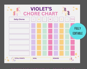 Tabla de tareas imprimible con temática de unicornios para niñas / Registro de recompensas editable (Descarga instantánea)