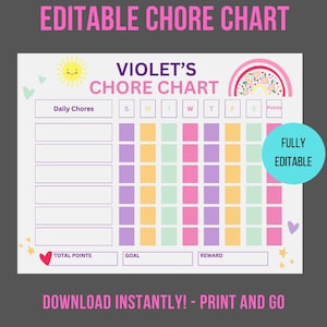 Editable Chore Chart | Printable Rainbows Hearts Chore Chart for Girls | Routine Training Chart | Reward Chart | Chore Printable | Download