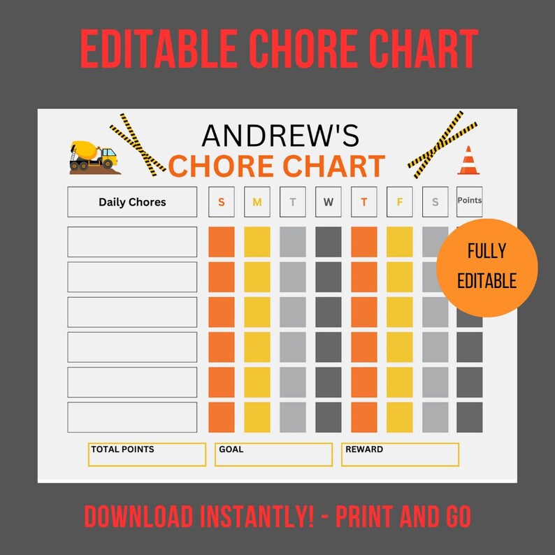 Construction Chore Chart | Editable, Printable Reward System (digital ...