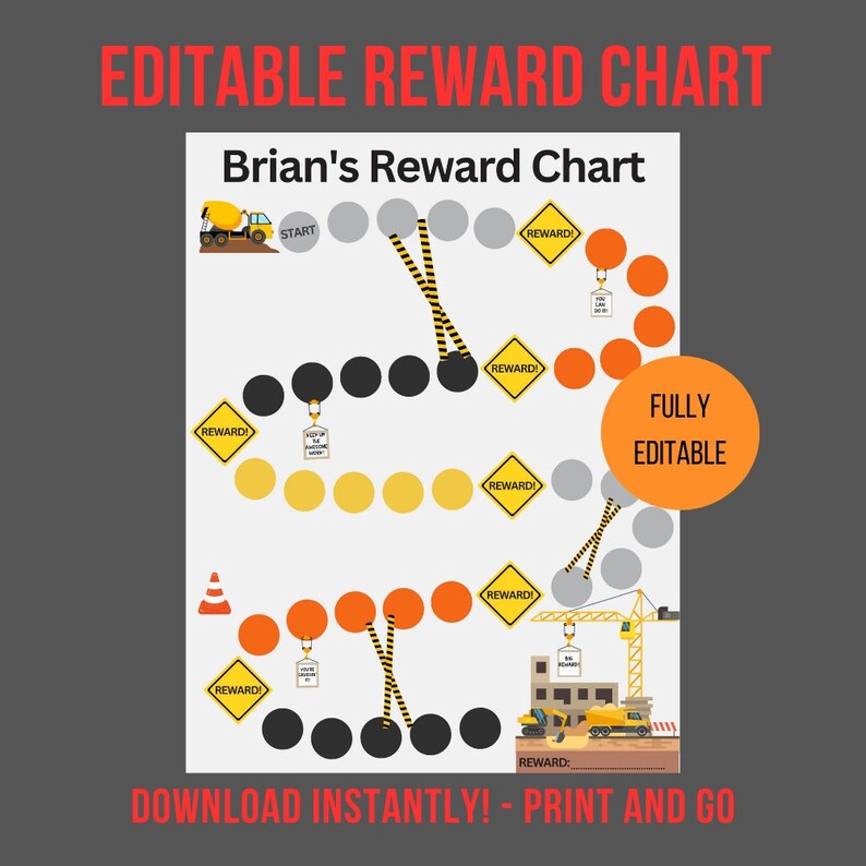 Path Incentive Chart Construction Reward Chart | Editable Printable Sticker Chart (digital ...