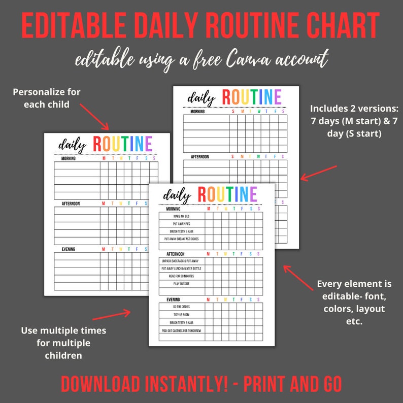 Editable Daily Routine Chart for Kids | Responsibility Checklist ...