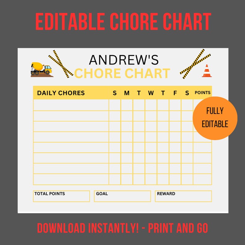Editable Chore Chart | Printable Construction Chore Chart for Boys ...