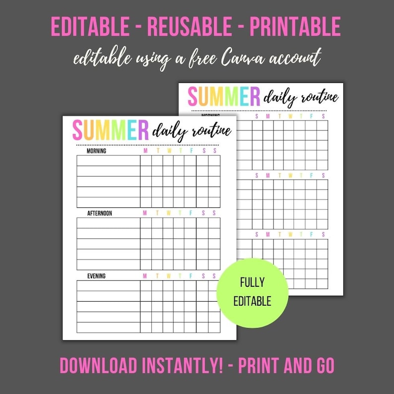 Editable Summer Daily Routine Checklist for Kids (printable, Instant ...