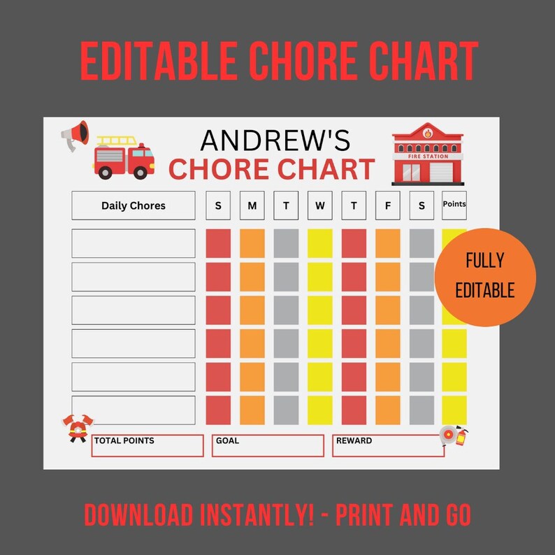 Fire Truck Chore Chart | Editable, Printable Routine Tracker (digital ...