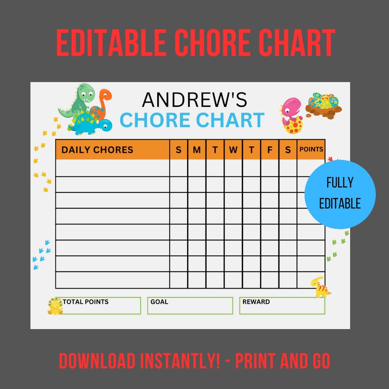 Dinosaur Chore Chart | Editable Printable, Routine Training (digital ...