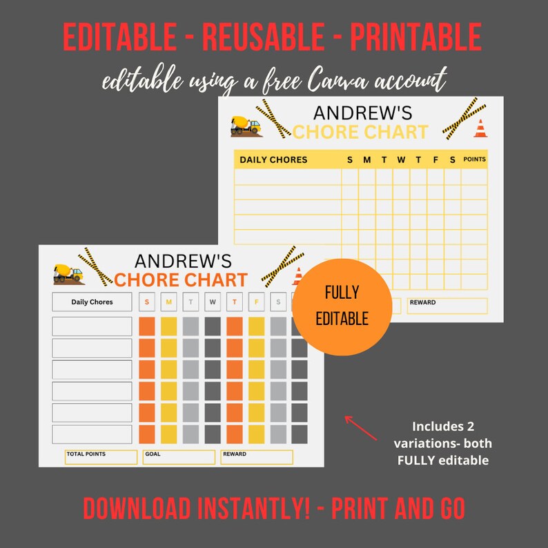 Construction Chore Chart | Editable, Printable Reward System (digital ...