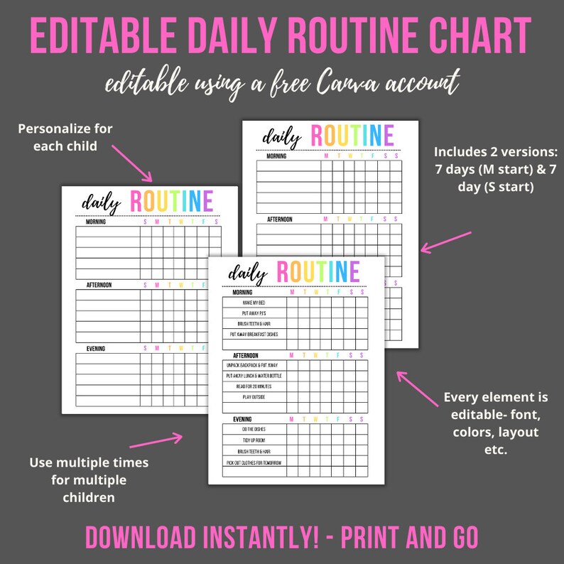 Editable Kids Daily Routine Chart | Printable Checklist (instant ...