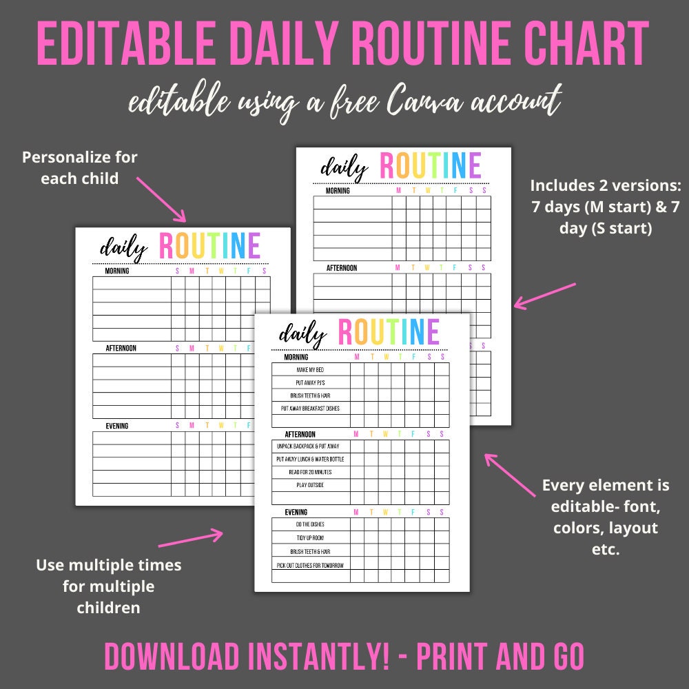 Editable Kids Daily Routine Chart | Printable Checklist (instant ...