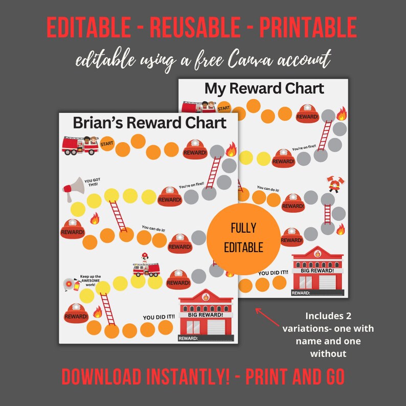 Rewards Ladder Sign Firetruck Reward Chart for Boys | Editable Potty Training Printable ...