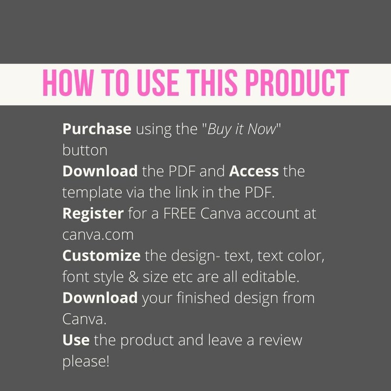 May include: A graphic with the text "HOW TO USE THIS PRODUCT" in pink. Instructions include purchasing, downloading a PDF, registering for a Canva account, customizing the design, and downloading the finished design.