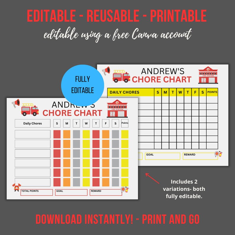 Fire Truck Chore Chart | Editable, Printable Routine Tracker (digital ...