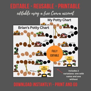 May include: Two printable potty training charts with monster truck graphics. One chart is personalized with a name, and the other is generic. The charts feature reward circles, construction zone graphics, and the text "You Did It!" and "Big Reward!"