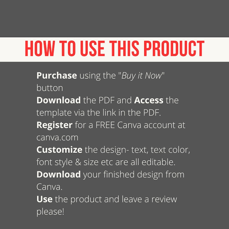 May include: A graphic with the title "HOW TO USE THIS PRODUCT" in red text. Instructions include purchasing, downloading a PDF, registering for Canva, customizing the design, downloading the finished design, and leaving a review.