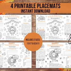 Kids Thanksgiving Games, Kids Table Decor, Kids Table, Kids Activity Mat, Thanksgiving Activity Placemat, FOUR Kids Printable Placemats