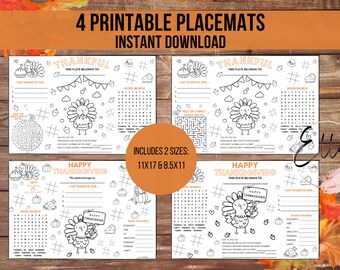 Manteles individuales con actividades para el Día de Acción de Gracias, juegos de mesa para niños (descarga digital)