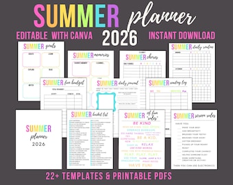 Paquete de planificadores editables para el verano de 2026 / Tabla de tareas para niños, calendario (descarga digital)
