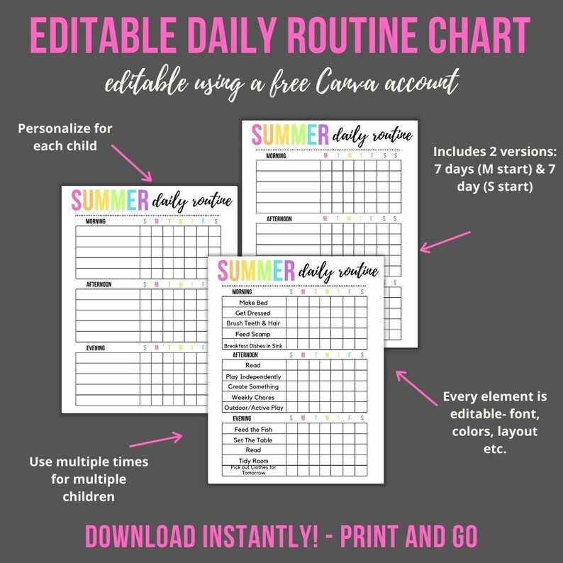 Editable Summer Daily Routine Checklist for Kids (printable, Instant ...