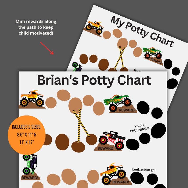May include: Two potty training charts with monster truck graphics. One chart is titled "Brian's Potty Chart" and the other is titled "My Potty Chart". The charts include the text "Mini rewards along the path to keep child motivated!" and "Includes 2 sizes: 8.5" x 11" & 11" x 17".