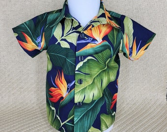 Navy Bird of Paradise Hawaiian print baby shirt