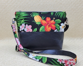 Tropical Pineapple bag, Black vinyl handmade crossbody bag, Hawaiian handbag, Tropical print handbag, Gift for her bag.