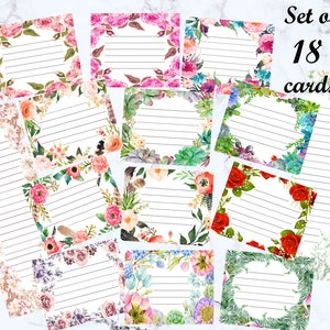 Puede incluir: Conjunto de 18 tarjetas en blanco con bordes florales. Las tarjetas son blancas con espacio de escritura rayado. Los bordes presentan flores de acuarela en varios colores, incluyendo rosa, rojo, verde y azul.