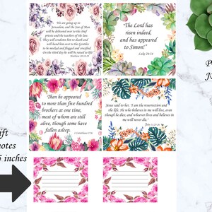 May include: A collection of floral-framed note cards with religious quotes. The cards are 3 x 2.5 inches. The image includes a succulent, paper clips, and a pen. The text on the cards includes Bible verses from Matthew, Luke, and John.