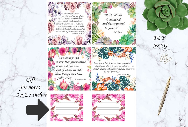 May include: A collection of floral-framed note cards with religious quotes. The cards are 3 x 2.5 inches. The image includes a succulent, paper clips, and a pen. The text on the cards includes Bible verses from Matthew, Luke, and John.