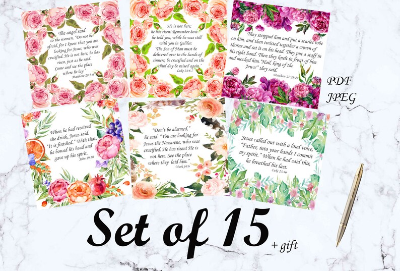 May include: Set of 15 watercolor art prints featuring Bible verses, each framed with floral arrangements in pink, peach, and green. The prints include text and are available in PDF and JPEG formats.