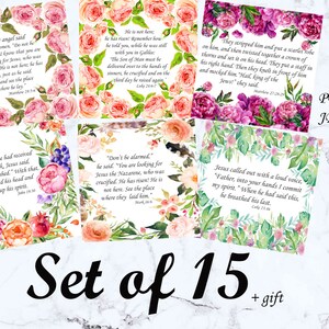 May include: Set of 15 watercolor art prints featuring Bible verses, each framed with floral arrangements in pink, peach, and green. The prints include text and are available in PDF and JPEG formats.