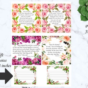 May include: A set of printable note cards with floral designs and Bible verses. The cards are 3 x 2.5 inches. The image includes a succulent, paper clips, and a pen. The text on the cards includes Bible verses.