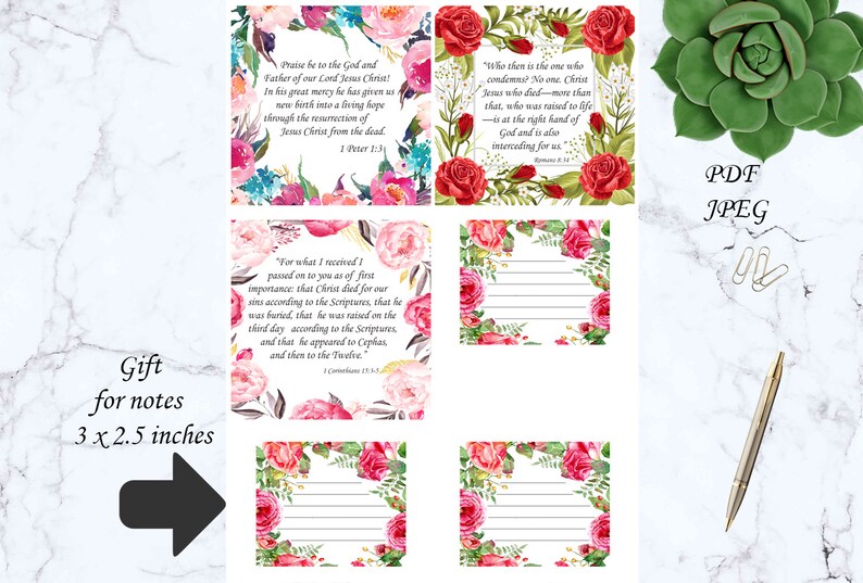 May include: Floral note cards with Bible verses and lined spaces for writing. The cards feature watercolor flowers in pink, red, and blue. The text on the cards includes Bible verses and the words "Gift for notes 3 x 2.5 inches".