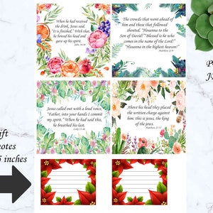 May include: A collection of printable note cards with floral and botanical designs, featuring Bible verses. The cards are 3 x 2.5 inches. The image also includes a succulent, a pen, and paper clips.