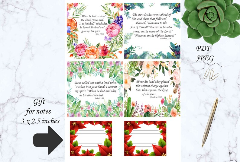 May include: A collection of printable note cards with floral and botanical designs, featuring Bible verses. The cards are 3 x 2.5 inches. The image also includes a succulent, a pen, and paper clips.