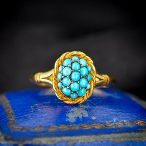 Antique Victorian Pave Turquoise Yellow Gold Ring