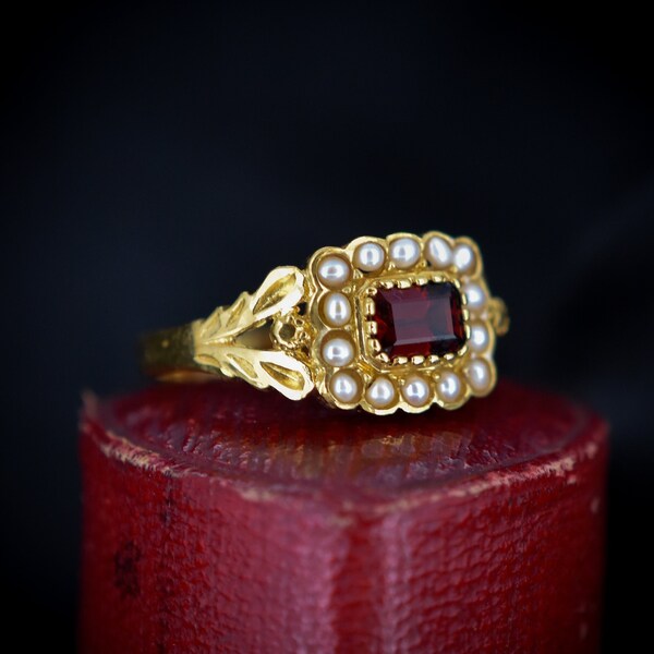 Garnet and Pearl Cluster Halo 18ct Yellow Gold Gilded Ring | Antique Georgian Style