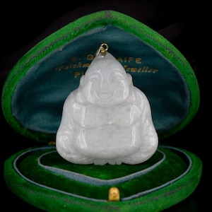 Vintage Green Jade Jadeite Buddha 14ct 14K Yellow Gold Drop Pendant