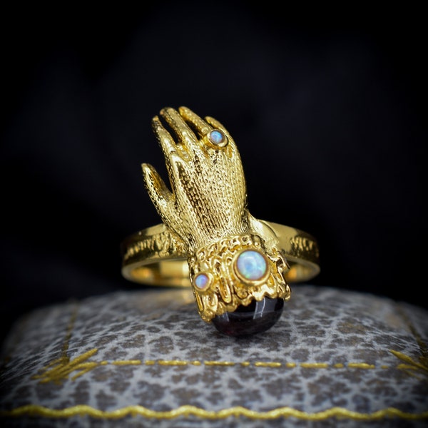 Opal and Garnet Gloved Hand Figa 18ct 18K Yellow Gold on Silver Ring | Antique Georgian Style