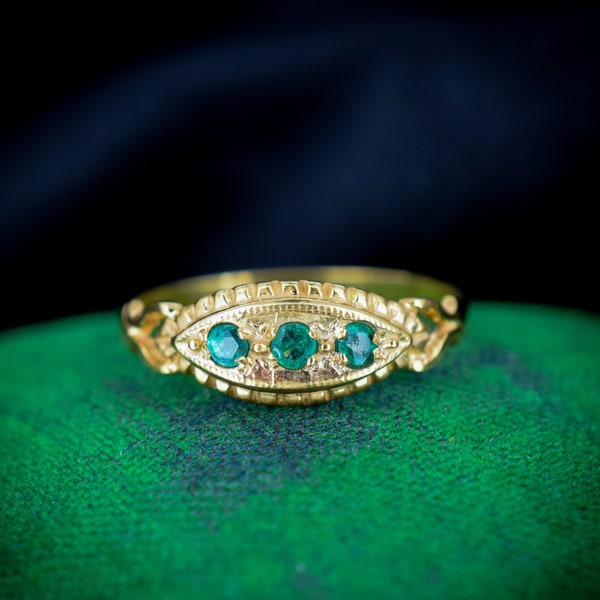 Emerald Trilogy Three Stone 18ct Yellow Gold on Silver Gypsy Ring - Antique Style