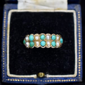 Antique Victorian Turquoise and Pearl 12ct Gold Double Row Ring