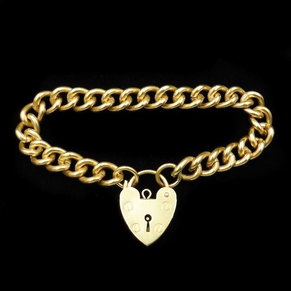 Vintage Heart Padlock Curb Link Yellow Gold on Ste