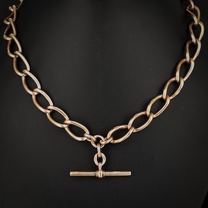 Antique 59.5g 9ct Gold Oval Link with Double Dog Clip Albert Watch Chain Necklace | 15.75&quot;