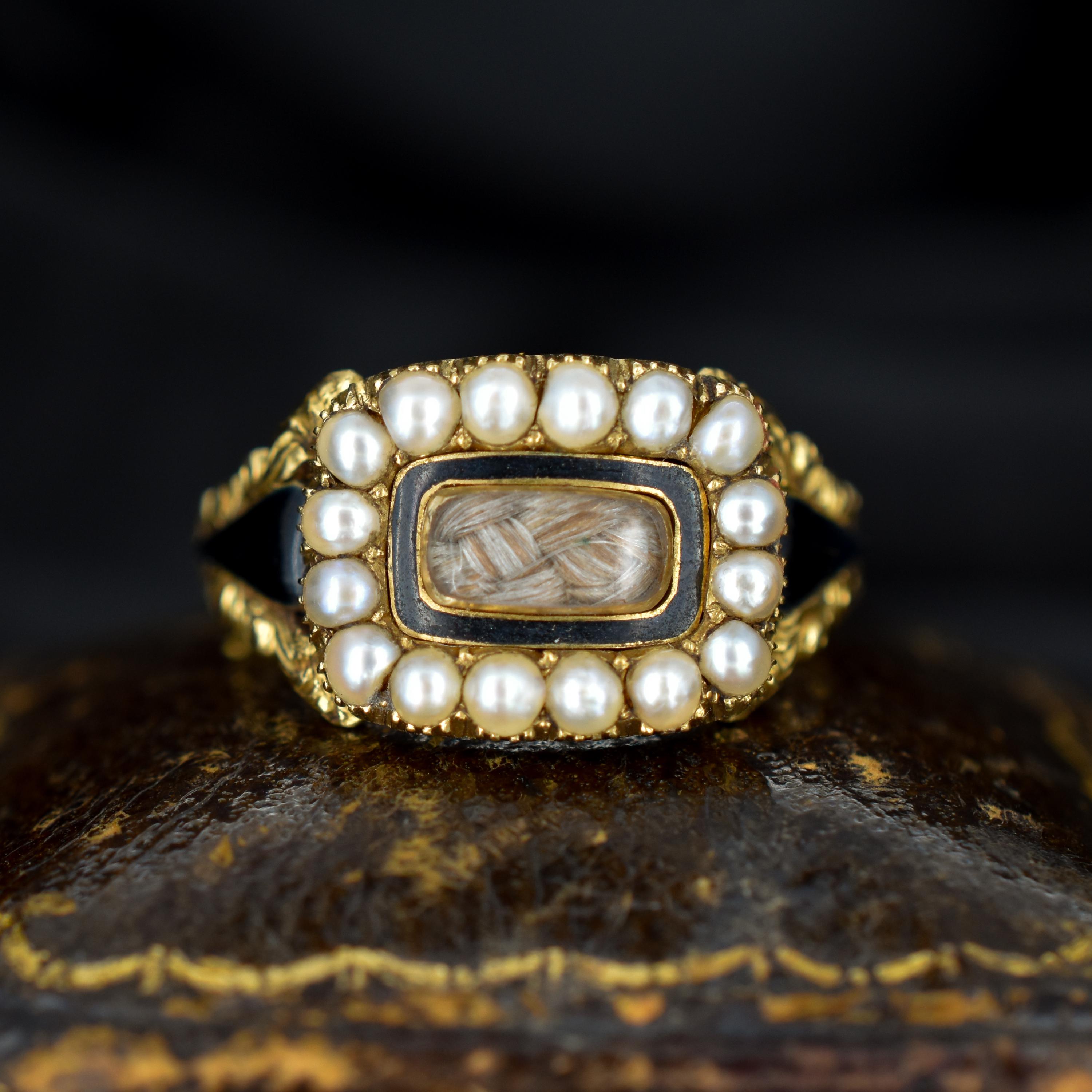 Antique '1828' Georgian Pearl 18ct Gold Hair Mourning Ring
