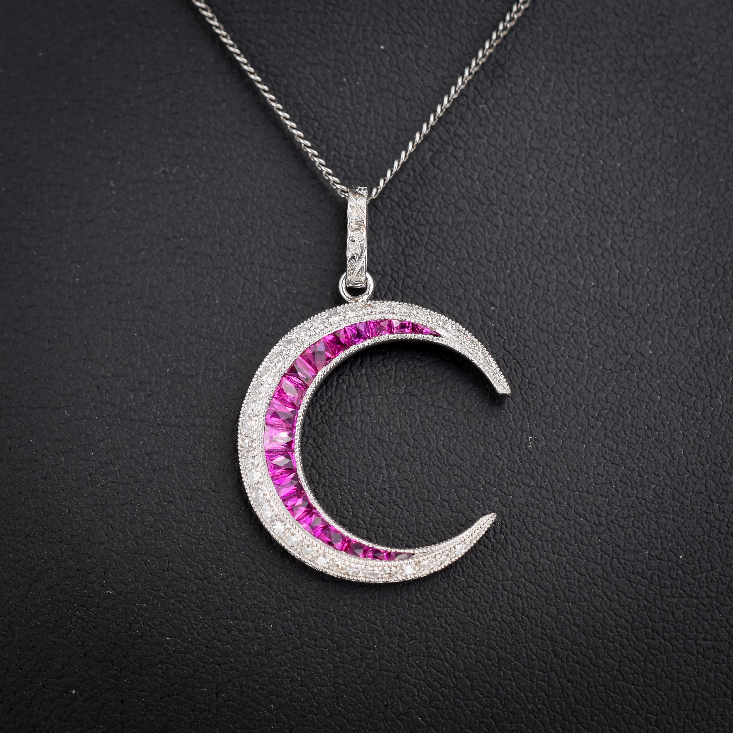 Antique Style Diamond and Ruby Crescent Moon Platinum Pendant