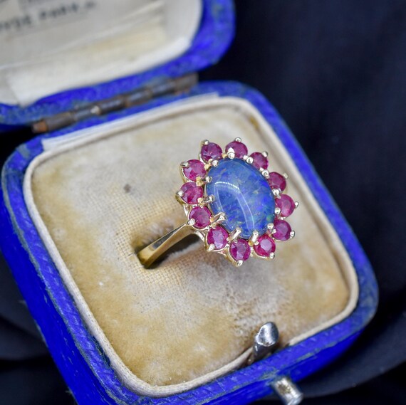 Opal Triplet and Ruby Halo Cluster 9ct Yellow Gol… - image 5